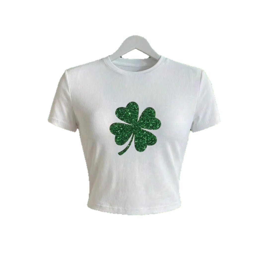 Damen Crop-Top mit Glitzerndem Kleeblatt-Motiv Drune