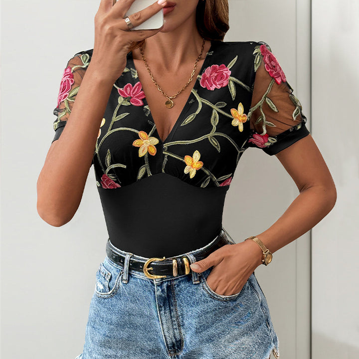 Damen Body mit floralem Spitzenbesatz und elegantem V-Ausschnitt Drune