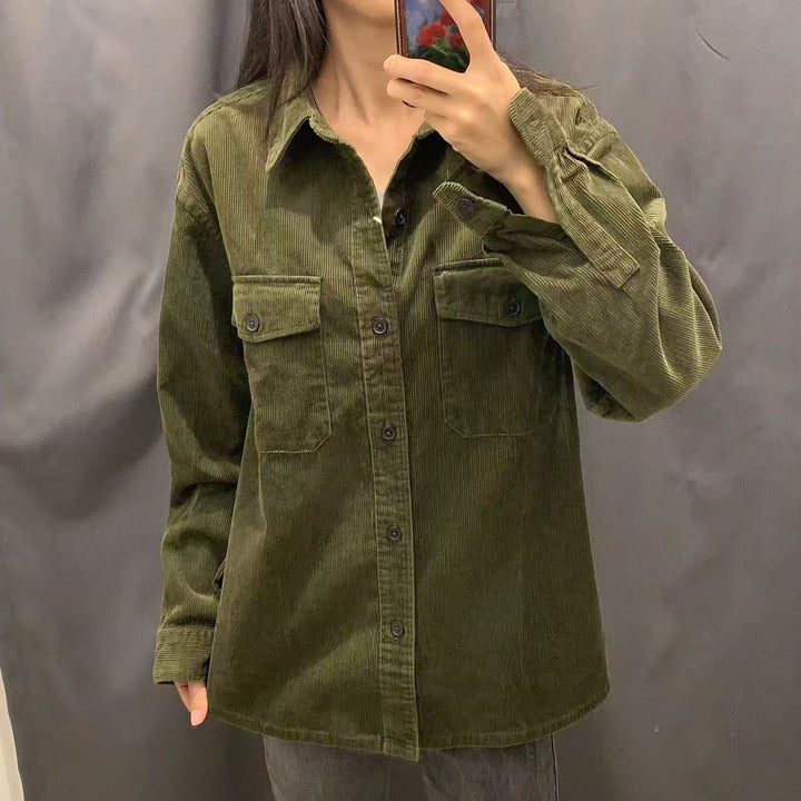 Damen lässige Kordjacke mit praktischen Brusttaschen Drune