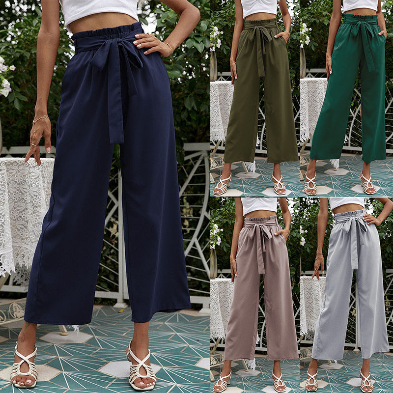 Damen elegante Palazzo-Hose mit elastischem Bund und Bindegürtel Drune