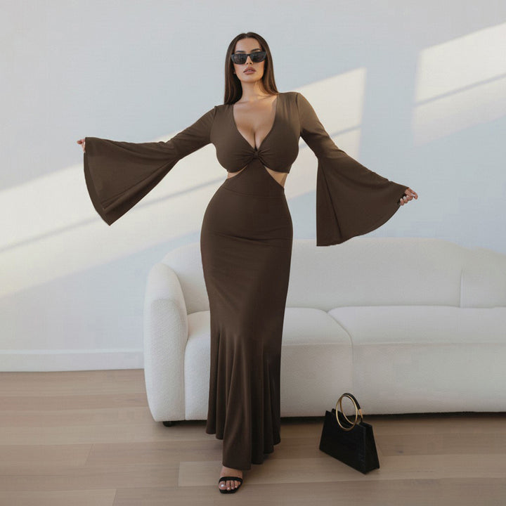 Damen elegantes Maxikleid mit großzügigen Trompetenärmeln und raffiniertem Cut-Out Drune