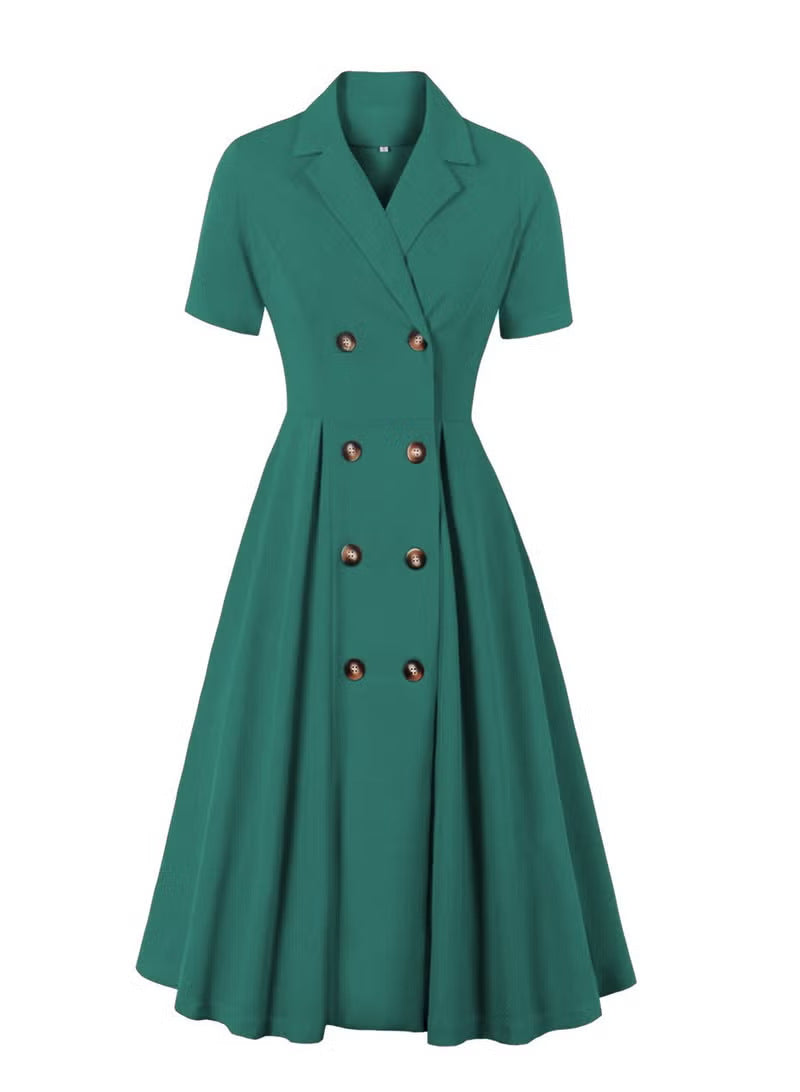 Damen elegantes Midikleid mit doppelter Knopfleiste und schwingendem Rock Drune
