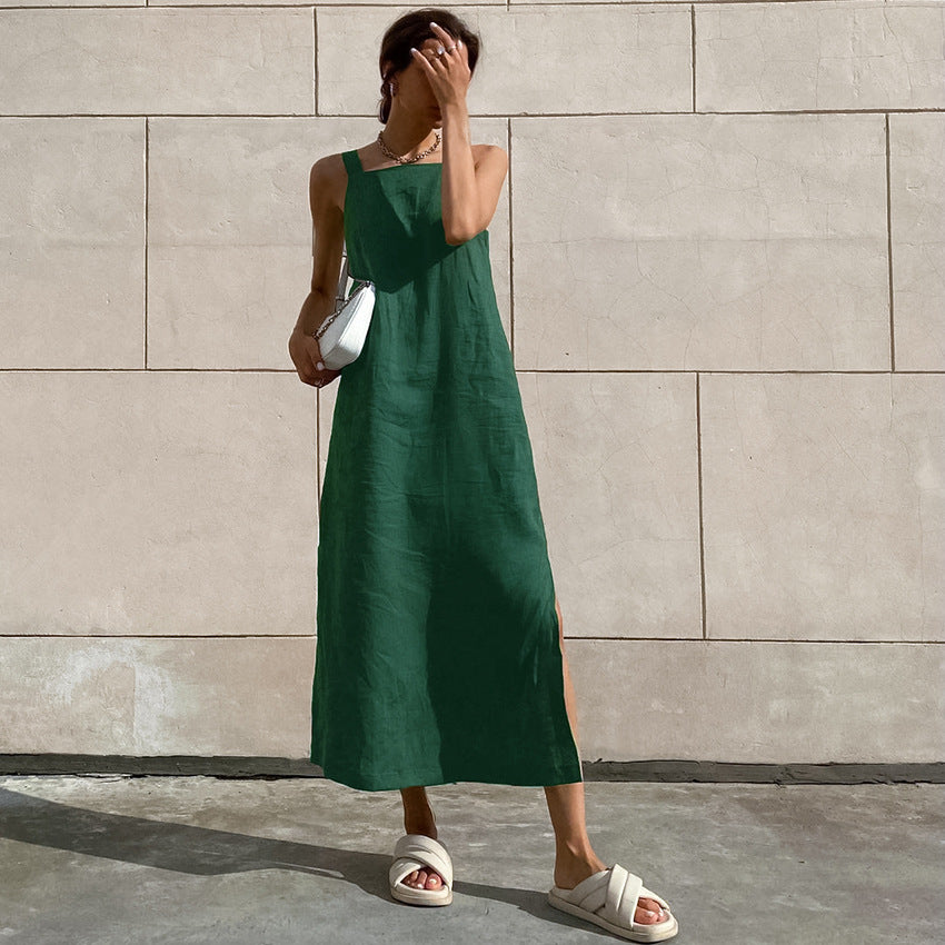 Damen Maxikleid aus hochwertigem Leinenstoff mit breiten Trägern und seitlichen Schlitzen Drune