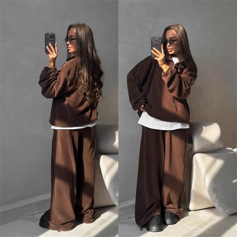 Damen Gemütlicher Fleece-Jogginganzug mit hohem Kragen Drune