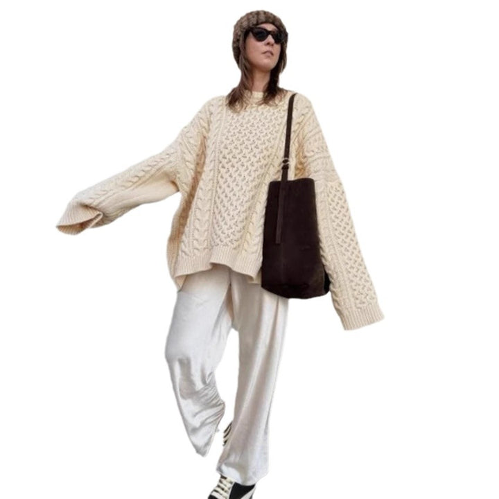 Damen oversize Strickpullover mit Zopfstrickmuster Drune