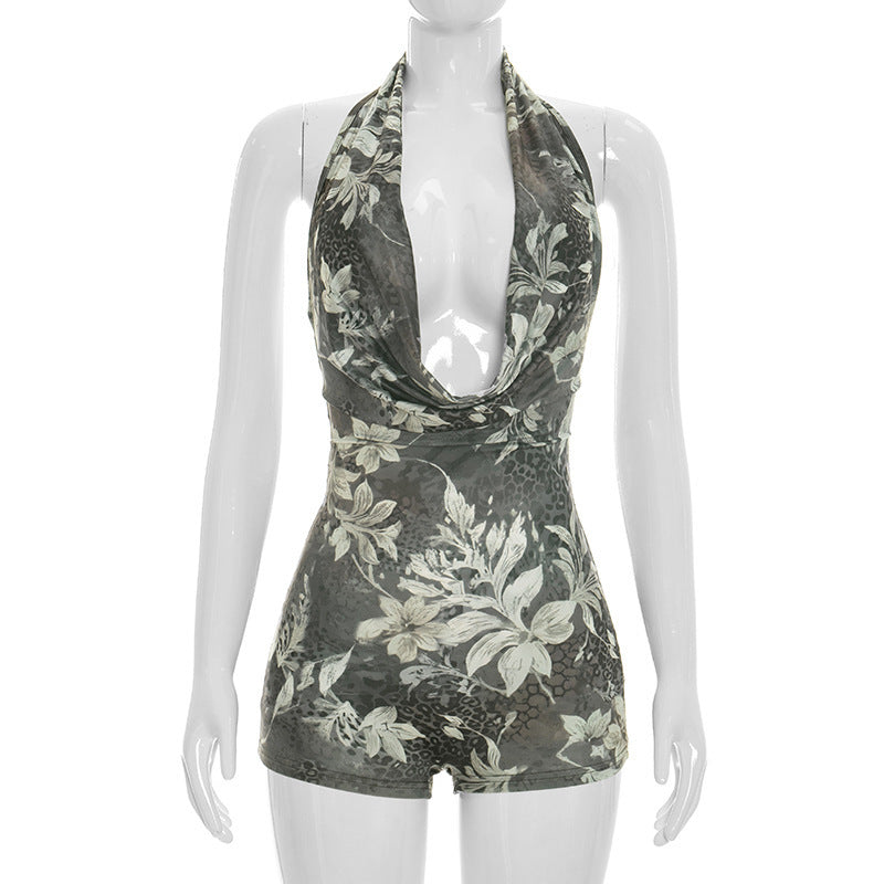 Damen Bodycon Playsuit mit tiefem Ausschnitt und Animal Print Drune