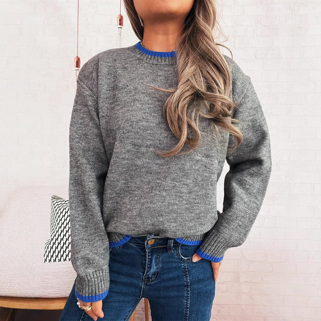 Damen lässiger Pullover mit lässigem Stehkragen und farblich abgesetzten Rippdetails Drune