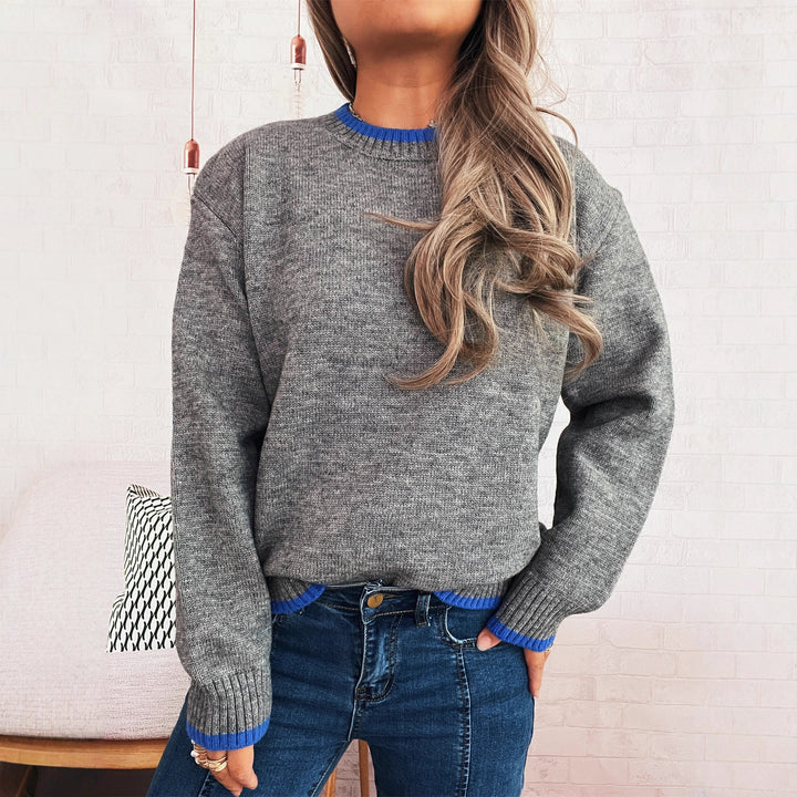 Damen lässiger Pullover mit lässigem Stehkragen und farblich abgesetzten Rippdetails Drune