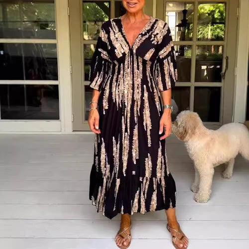Damen nan Maxikleid mit V-Ausschnitt, vertikalem Pinselprint, geraffter Unterbrustnaht und stufigem Volantrock Drune