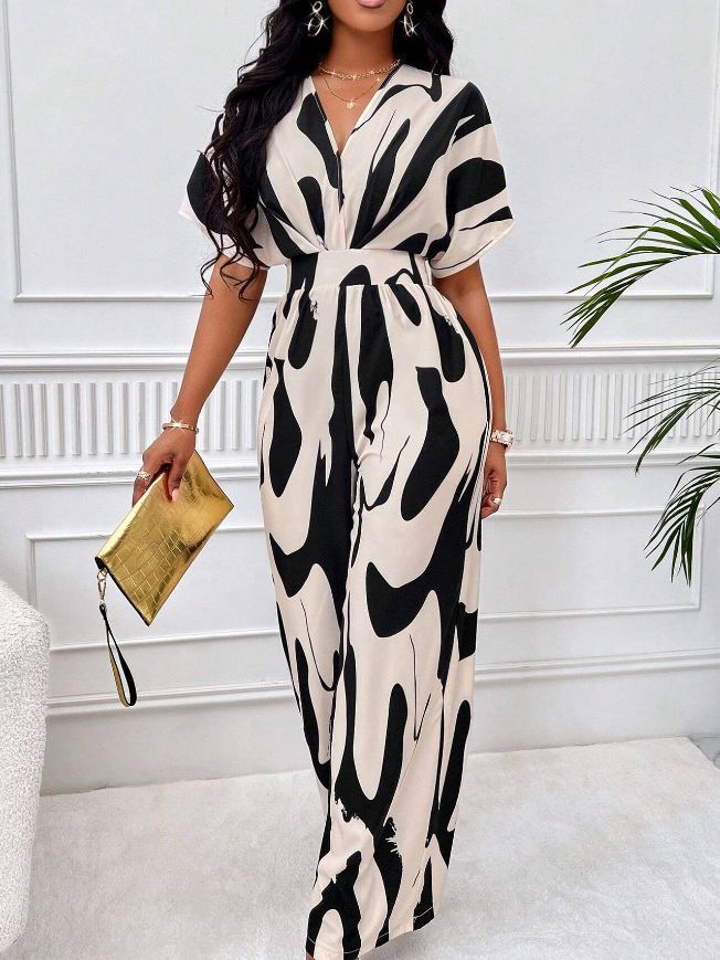 Damen Eleganter Maxijumpsuit mit tiefem V-Ausschnitt und weit geschnittenem Bein Drune