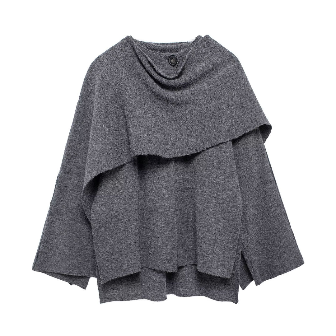 Damen nan zweilagiger Strickponcho mit asymmetrischem Saum und dekorativem Knopfkragen Drune