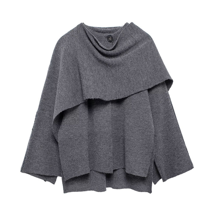 Damen nan zweilagiger Strickponcho mit asymmetrischem Saum und dekorativem Knopfkragen Drune