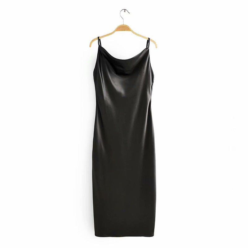 Damen Satin-Midikleid mit verführerischem V-Ausschnitt und Spaghettiträgern Drune