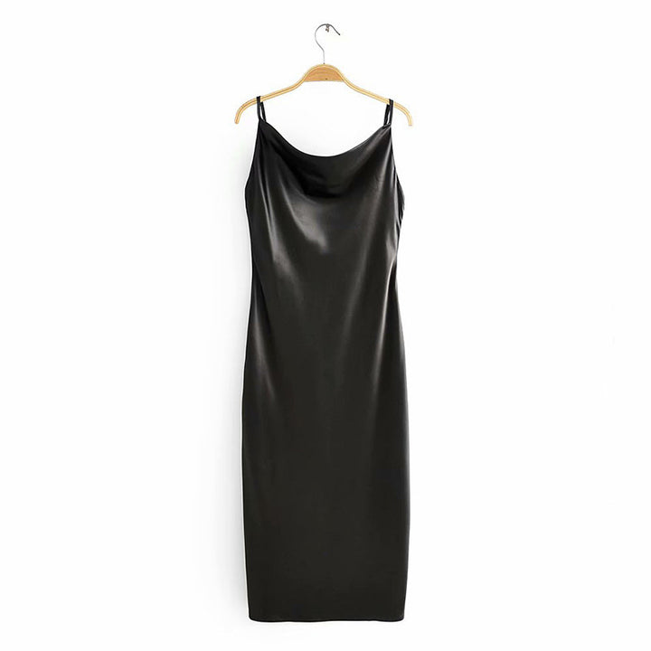 Damen Satin-Midikleid mit verführerischem V-Ausschnitt und Spaghettiträgern Drune