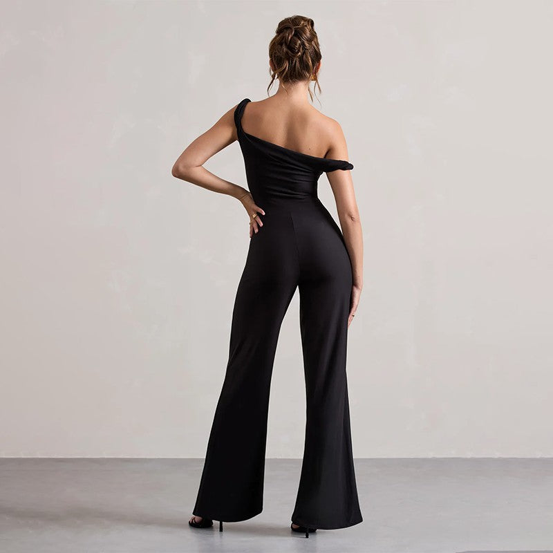 Damen schulterfreier Jumpsuit mit weitem Bein und elastischem Oberteil Drune