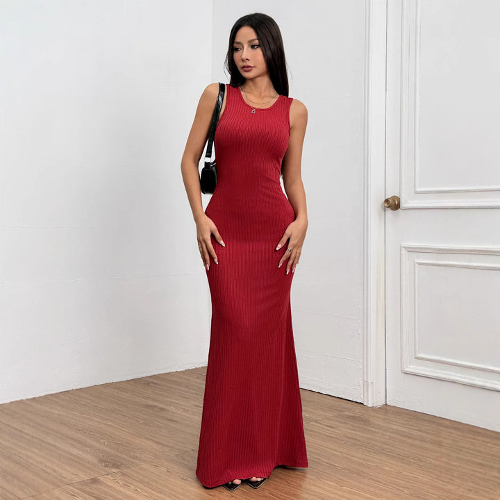 Damen figurbetontes Ripp-Maxi-Kleid mit edlem Rundhalsausschnitt Drune
