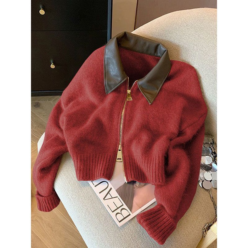 Damen Modische Cropped Jacke mit Lederkragen Drune