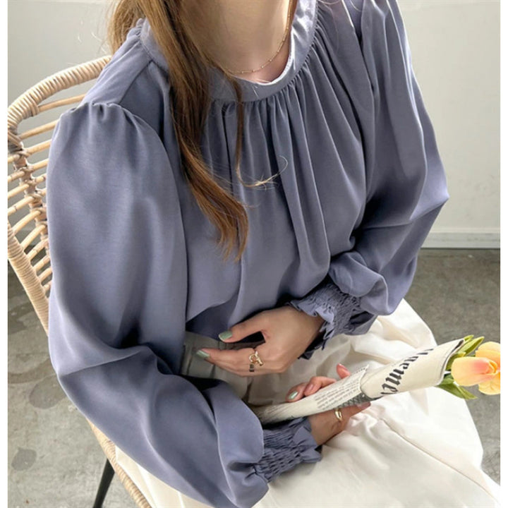 Damen elegante Bluse mit voluminösen Ärmeln und Stehkragen Drune