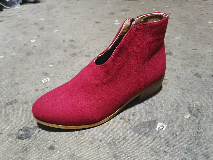 Damen nan knöchelhohe Stiefelette mit V-Ausschnitt, weichem Obermaterial und leichtem Holzblockabsatz Drune