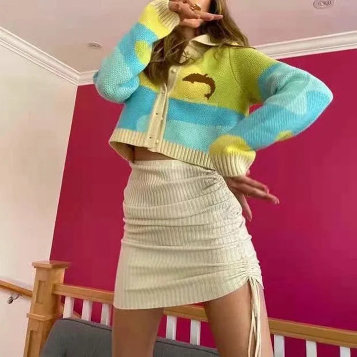 Damen trendige Strickjacke mit niedlichem Delfin-Design und knöpfbarem Kragen Drune