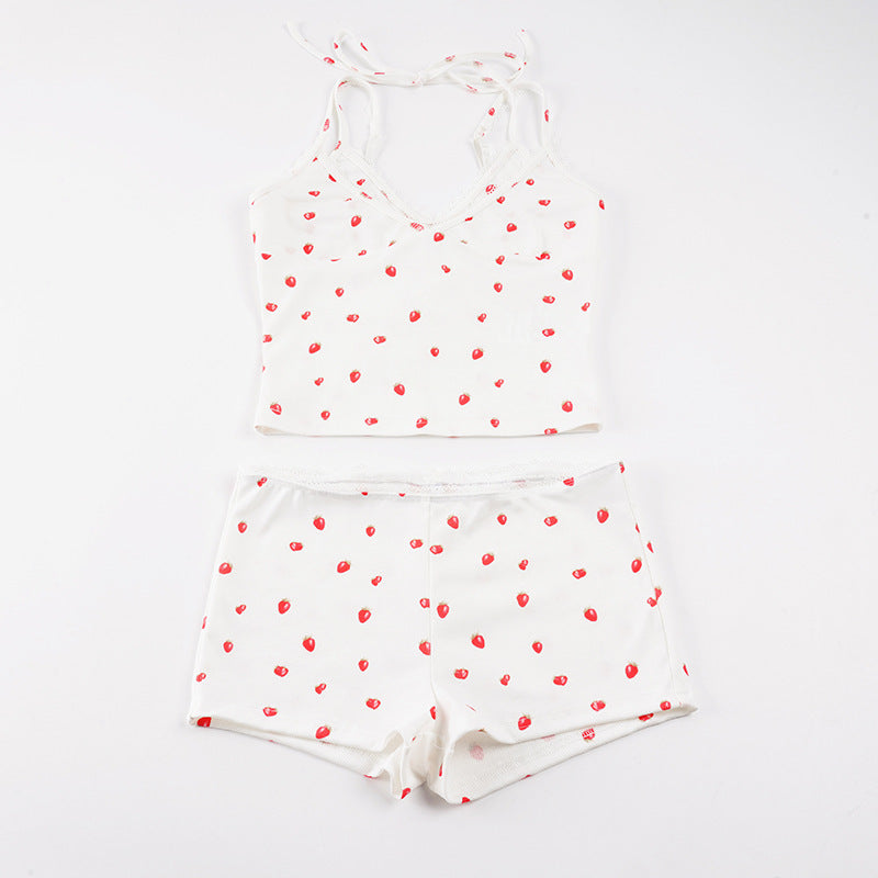 Damen Pyjama-Set mit verspieltem Früchte-Muster und Spaghetti-Trägern Drune
