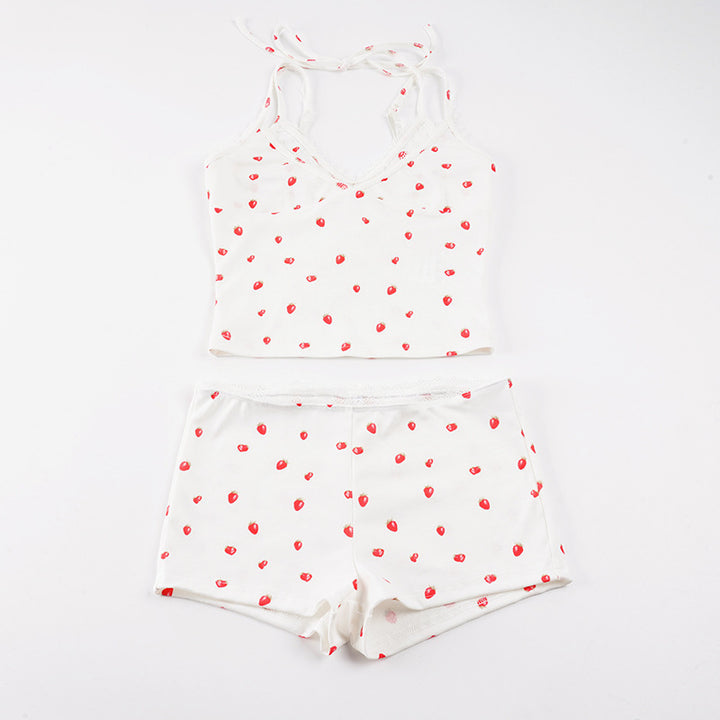 Damen Pyjama-Set mit verspieltem Früchte-Muster und Spaghetti-Trägern Drune