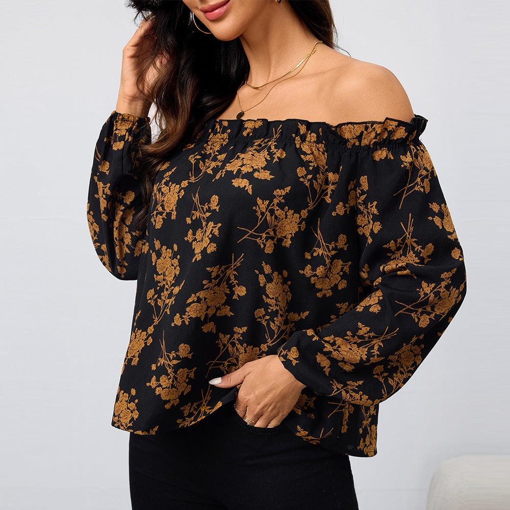 Damen Off-Shoulder Bluse mit floralen Mustern und elastischen Ärmeln Drune