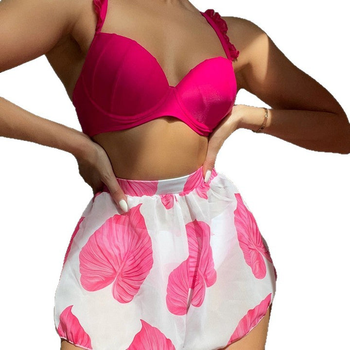 Damen Bikiniset mit gepufften Rüschenträgern und floralem Rock Drune