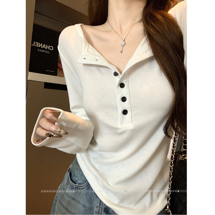 Damen elegantes Langarmshirt mit Knopfleiste Drune
