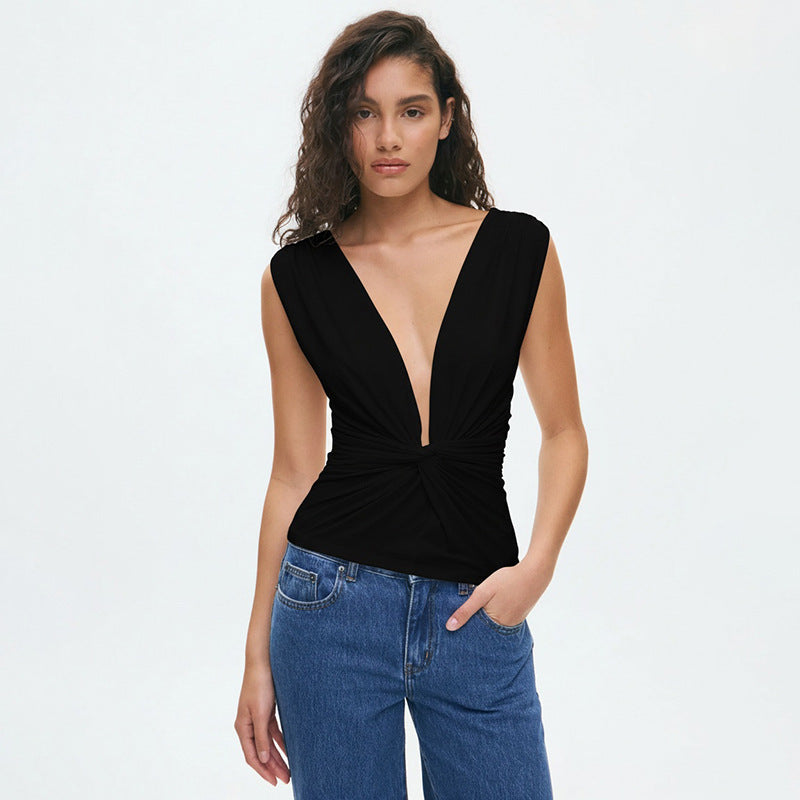Damen elegantes Wickeloberteil mit tiefem V-Ausschnitt und raffinierter Drapierung Drune