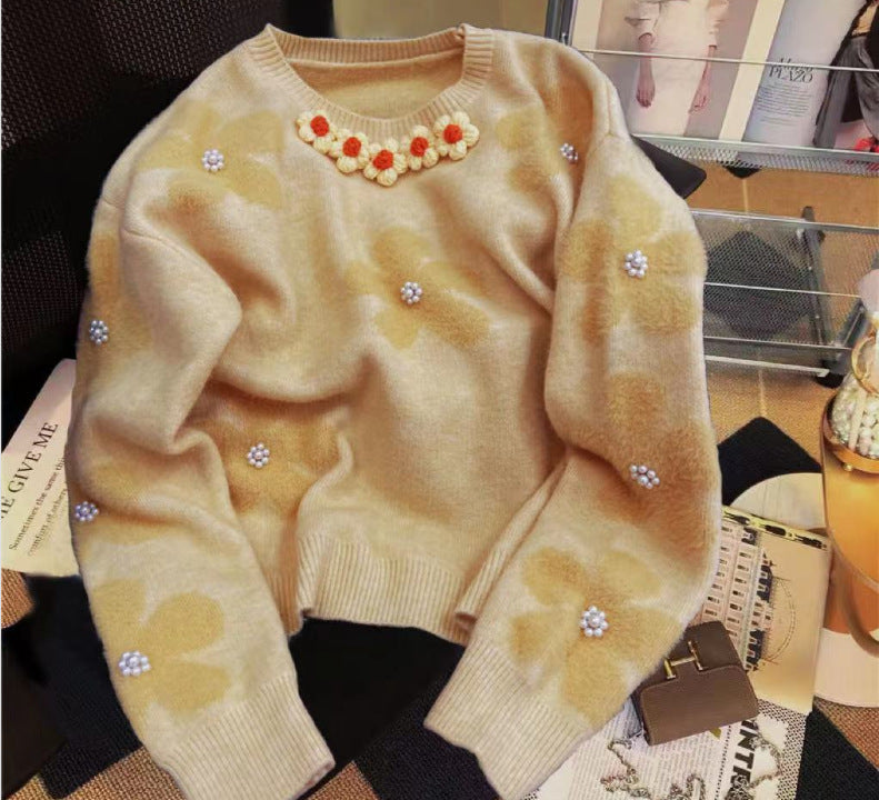 Damen Strickpullover mit floralem Design und Perlenverzierungen Drune