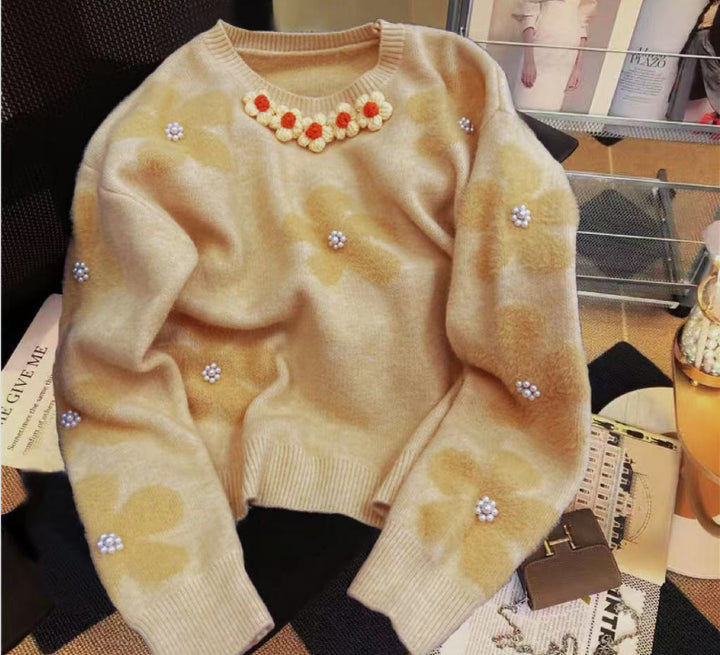 Damen Strickpullover mit floralem Design und Perlenverzierungen Drune