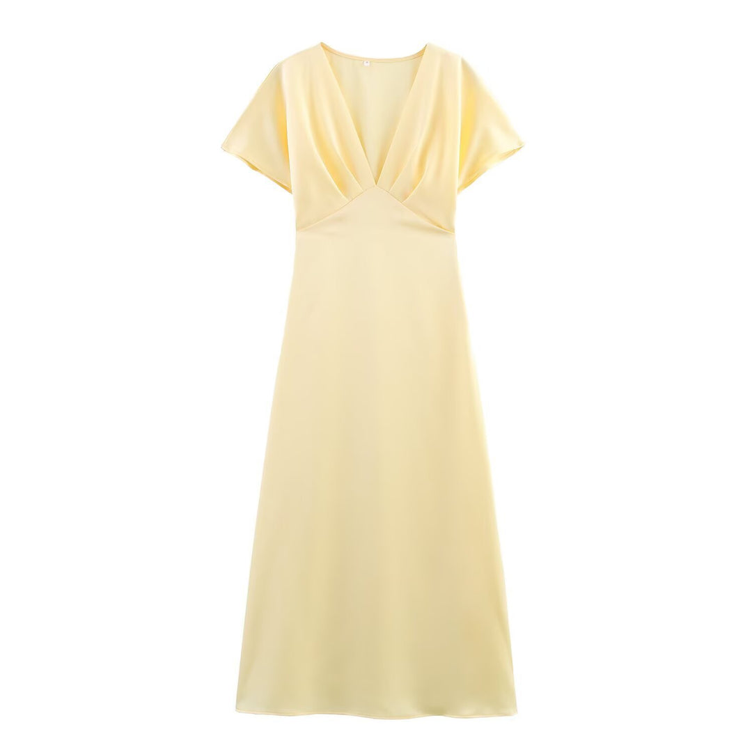 Damen Maxikleid mit elegantem V-Ausschnitt und fließendem Satin-Material Drune