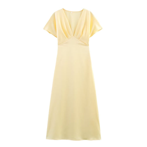 Damen Maxikleid mit elegantem V-Ausschnitt und fließendem Satin-Material Drune