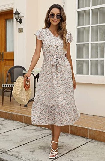 Damen Midi-Kleid mit floralem Design und Taillengürtel Drune