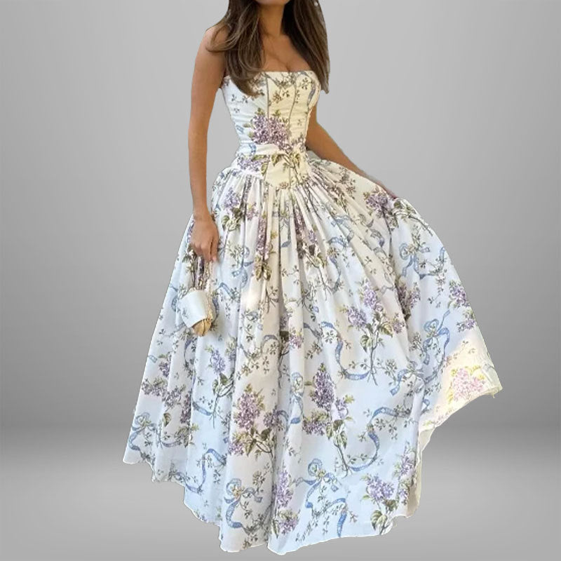 Damen Maxikleid mit floralen Mustern und gerafftem Oberteil Drune