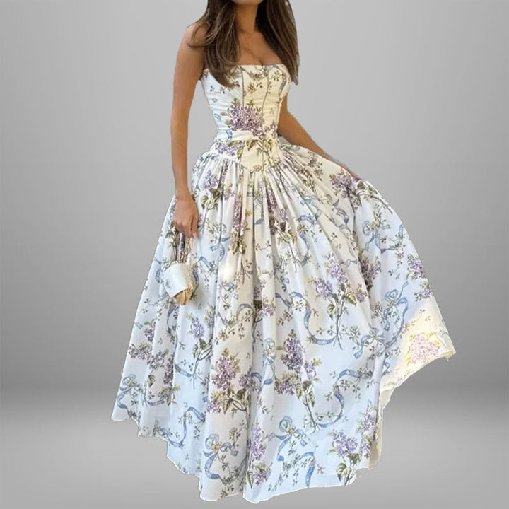 Damen Maxikleid mit floralen Mustern und gerafftem Oberteil Drune