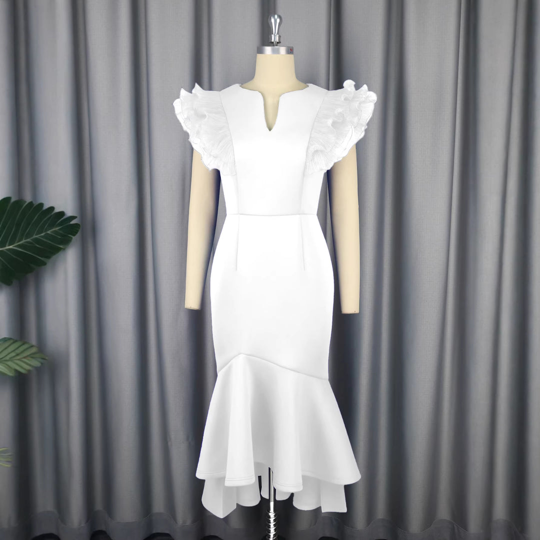 Damen figurbetontes Kleid mit voluminösen Rüschenärmel Drune