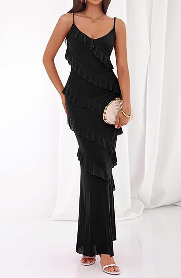 Damen Maxikleid mit Rüschen und Spaghettiträgern Drune