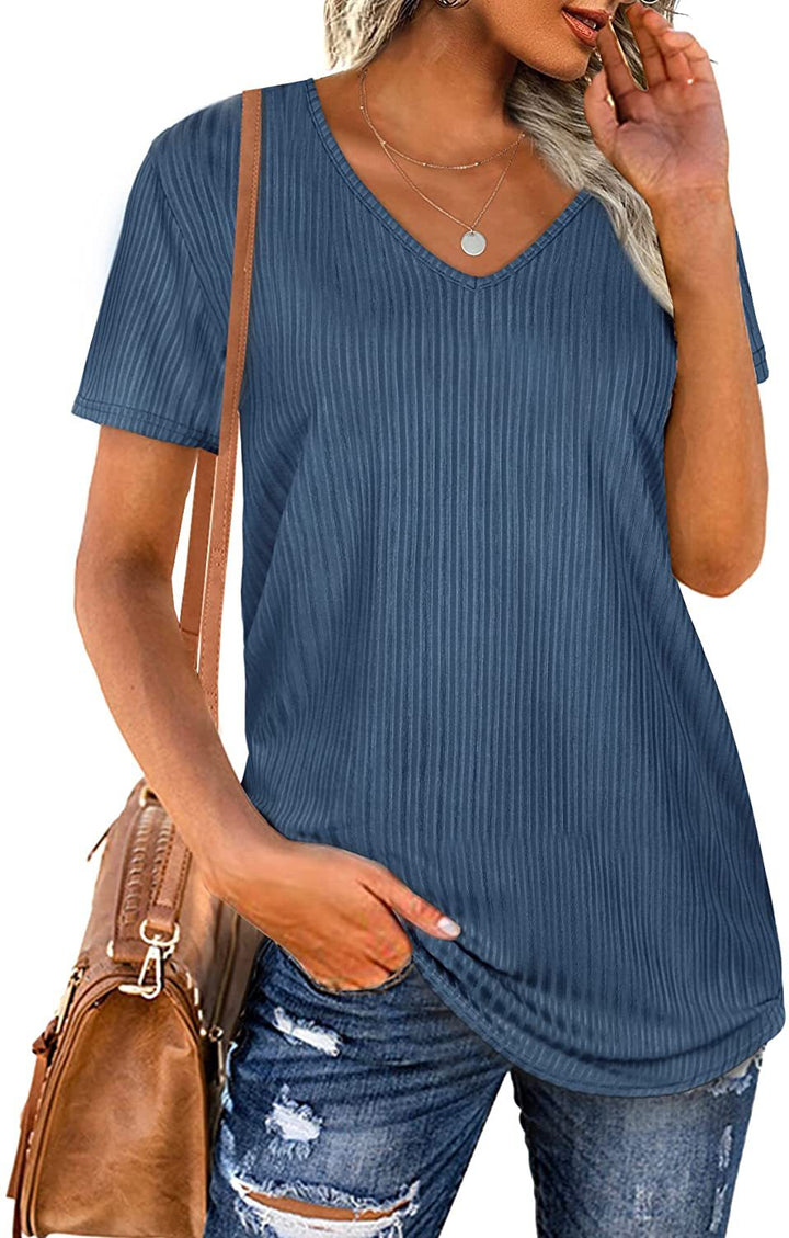 Damen Viskose T-Shirt mit feinem Rippstrickmuster und lässigem V-Ausschnitt Drune