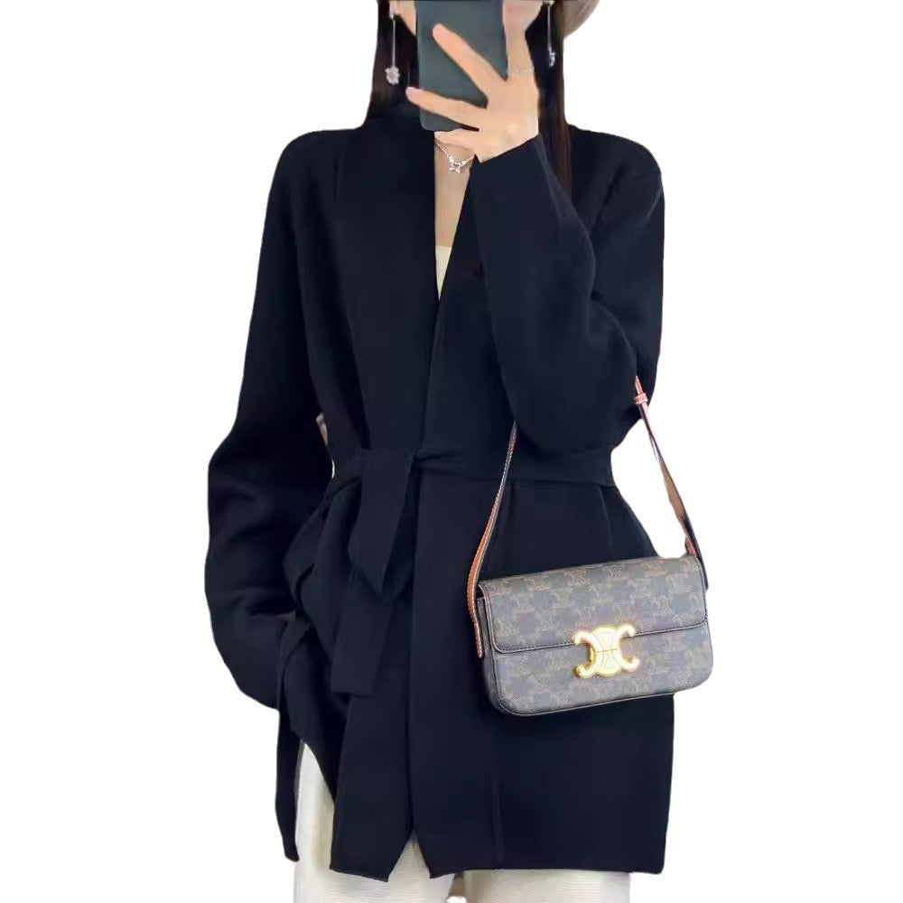 Damen stilvolle Strickjacke mit Bindegürtel und Taschen Drune