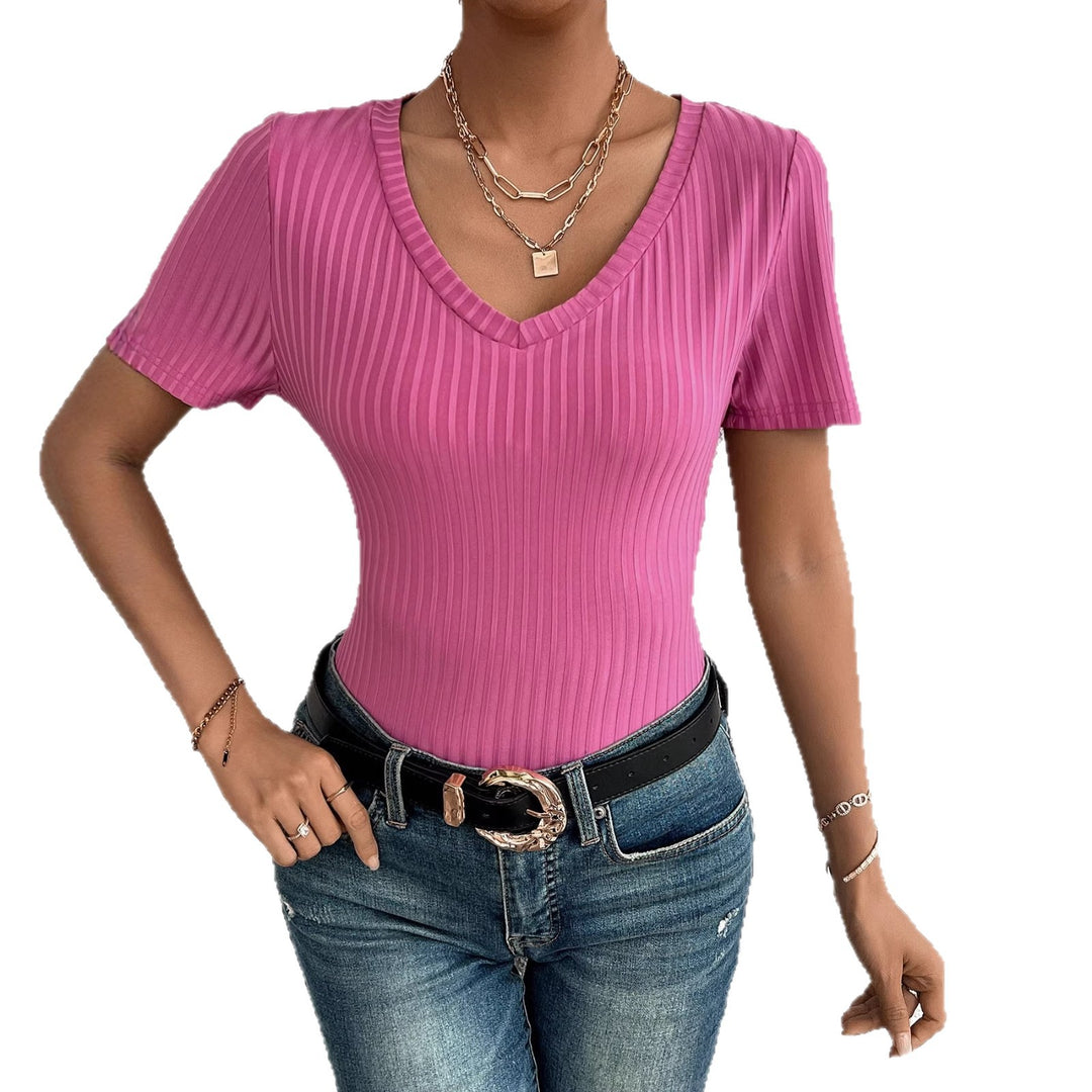 Damen V-Ausschnitt Kurzarmshirt mit feiner Rippstruktur Drune