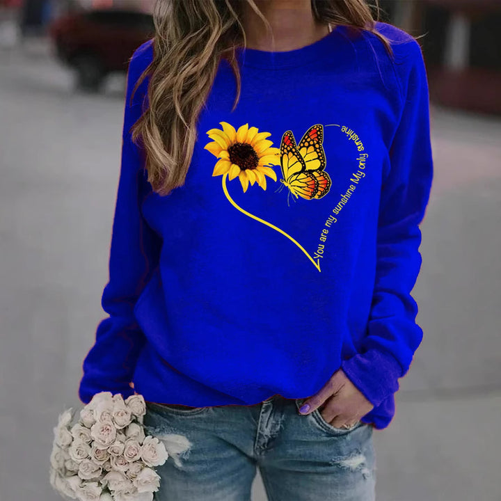 Damen Sweatshirt mit grafischem Schmetterlings- und Sonnenblumenmotiv Drune