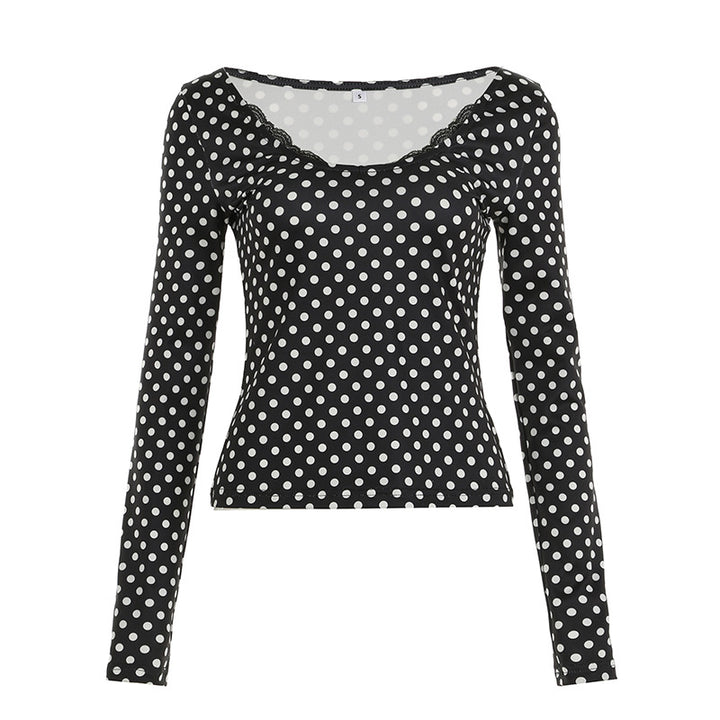 Damen nan figurbetontes Punktmuster‑Longsleeve mit Spitzenrand und dezentem Raffungseinsatz Drune
