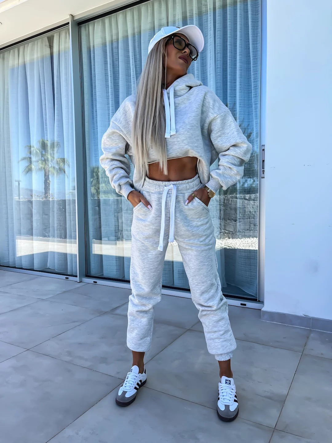 Damen bequemer Cropped Hoodie mit elastischem Bund und lässiger Jogginghose Set Drune