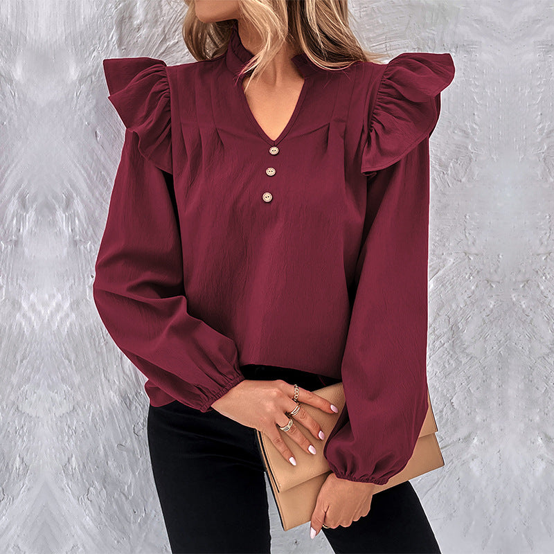 Damen elegante Bluse mit Rüschenärmeln und Knopfdetails Drune
