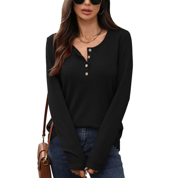 Damen Waffelstrick Langarmshirt mit Knopfleiste Drune