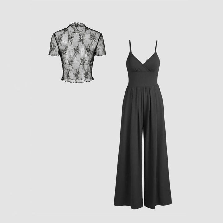 Damen elegantes V-Ausschnitt Jumpsuit mit transparenter Bluse Drune
