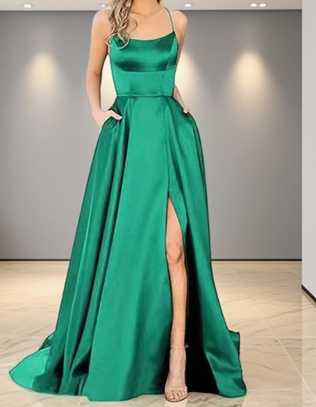 Damen Elegantes Abendkleid mit seitlichem Schlitz und schmalen Spaghetti-Trägern Drune