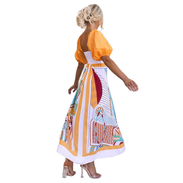 Damen Maxikleid mit kreativem Kunstdruck und Puffärmeln Drune